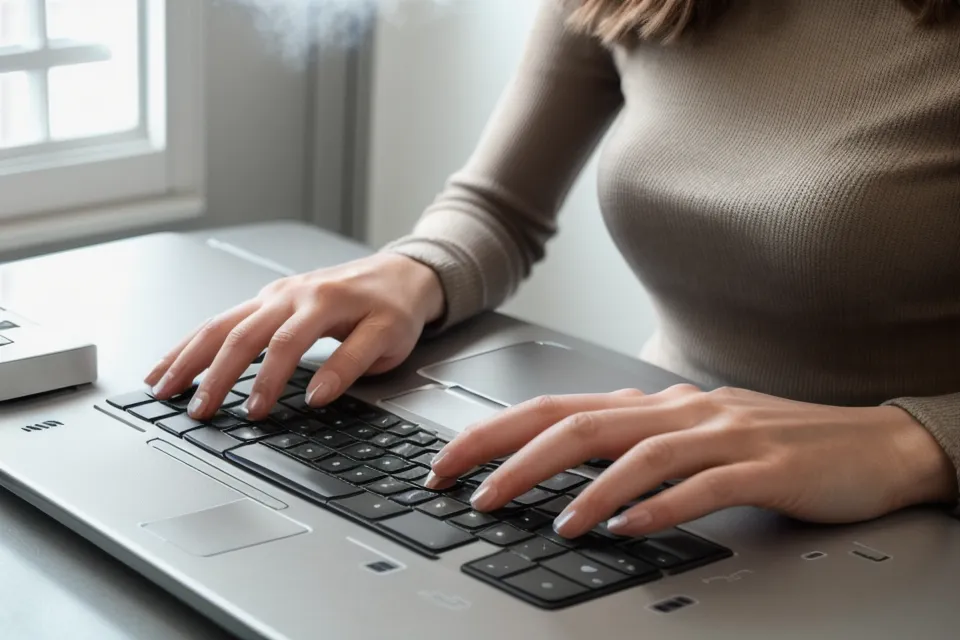 Réclamation client en micro-entreprise : mains répondant avec soin à un commentaire sur ordinateur