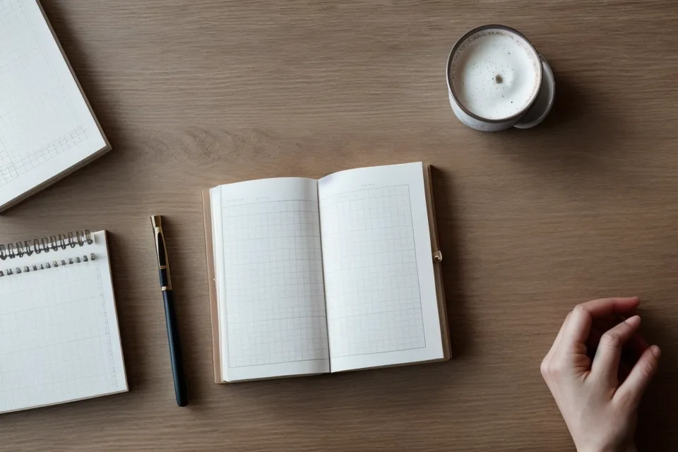 Un carnet de notes affichant un modèle de business plan simplifié pour solopreneur.