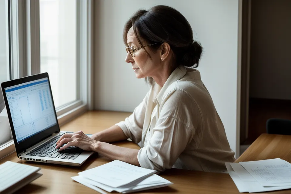 Une créatrice d'entreprise analysant ses chiffres de revenus et de cotisations sociales.